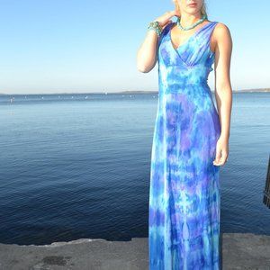 long silk maxi dress turquoise blue purple navy white medium 6 8 10 Large resort